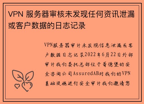 VPN 服务器审核未发现任何资讯泄漏或客户数据的日志记录 